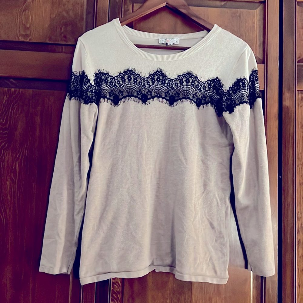 All at Once Color-block Sweater with Lace Detail at color change.